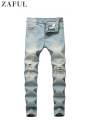 ZAFUL Men's Jeans Solid Faded Ripped Frayed Denim Jeans Mid-waist Slim Fitted Pants Ankle-length Zipper Trousers with Pocket. 