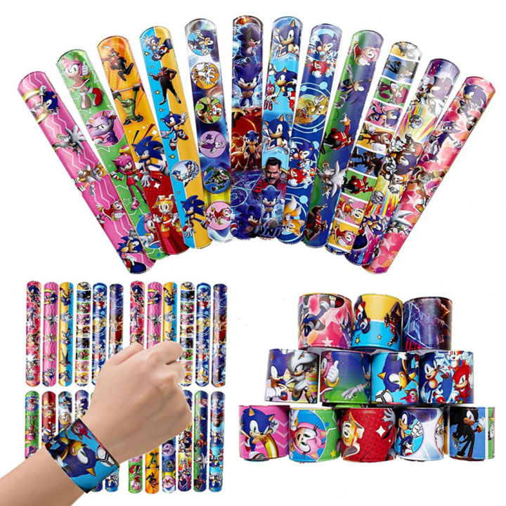 12pcs one set Sonic The Hedgehog Wrist Strap Clap Ring Slap Bracelets Kids Snapping Rings Toy Party Children's Birthday gift