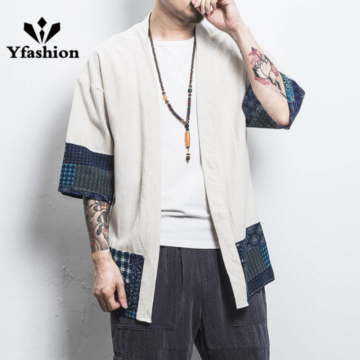 Men Summer Cotton Linen Kimono Cardigan Tops Three Quarter Sleeves Ethnic  Style Shirt
