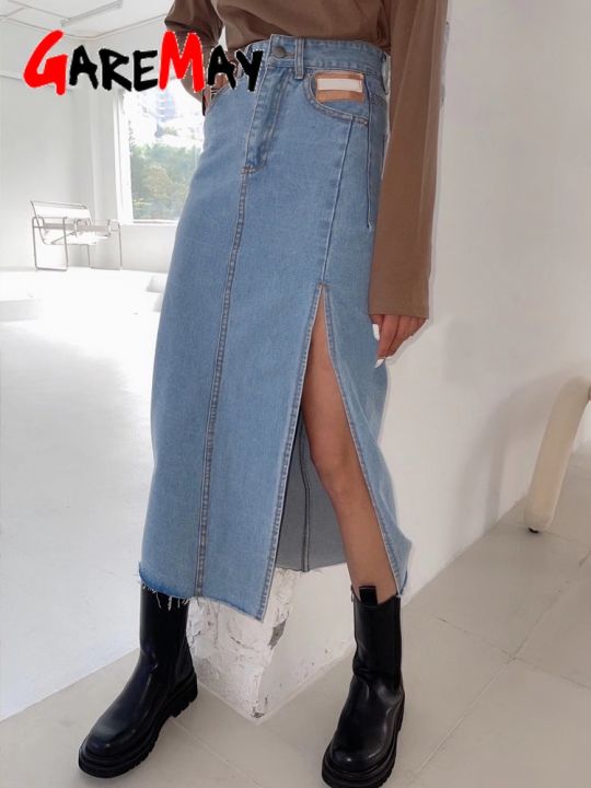 Long Denim Skirt Midi Women's High-waisted Spring A-line Pencil Female Jeans Vintage Skirt with Side Slit for Women 2023