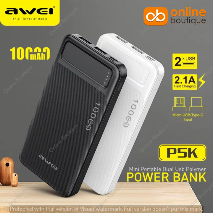 AWEI P5K Portable Power Bank 10000mAh Power bank Dual USB A Type c Micro Dual input Fast Charge