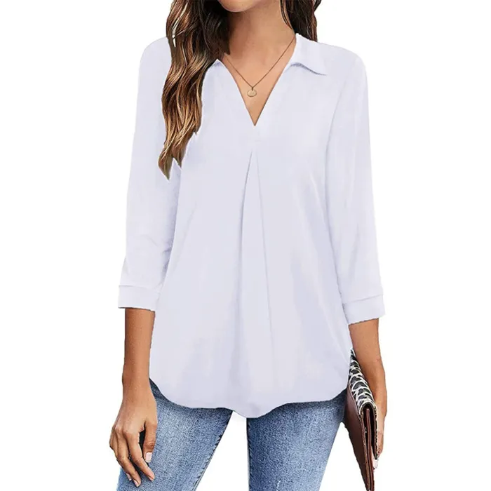 Womens%20relax%20wear%20Collared%20V%20Neck%203/4%20Sleeve%20Shirts%20Business%20Casual%20Tops%20Loose%20Fit%20Work%20Blouses%20-%20Image%207