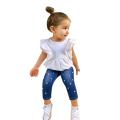 Toddler Kids Baby Girls Outfits Solid T-shirt Tops+Pearl Denim Pants Jeans Set. 