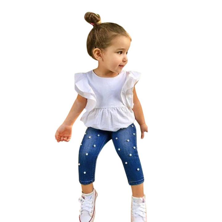 Toddler%20Kids%20Baby%20Girls%20Outfits%20Solid%20T-shirt%20Tops+Pearl%20Denim%20Pants%20Jeans%20Set%20-%20Image%204
