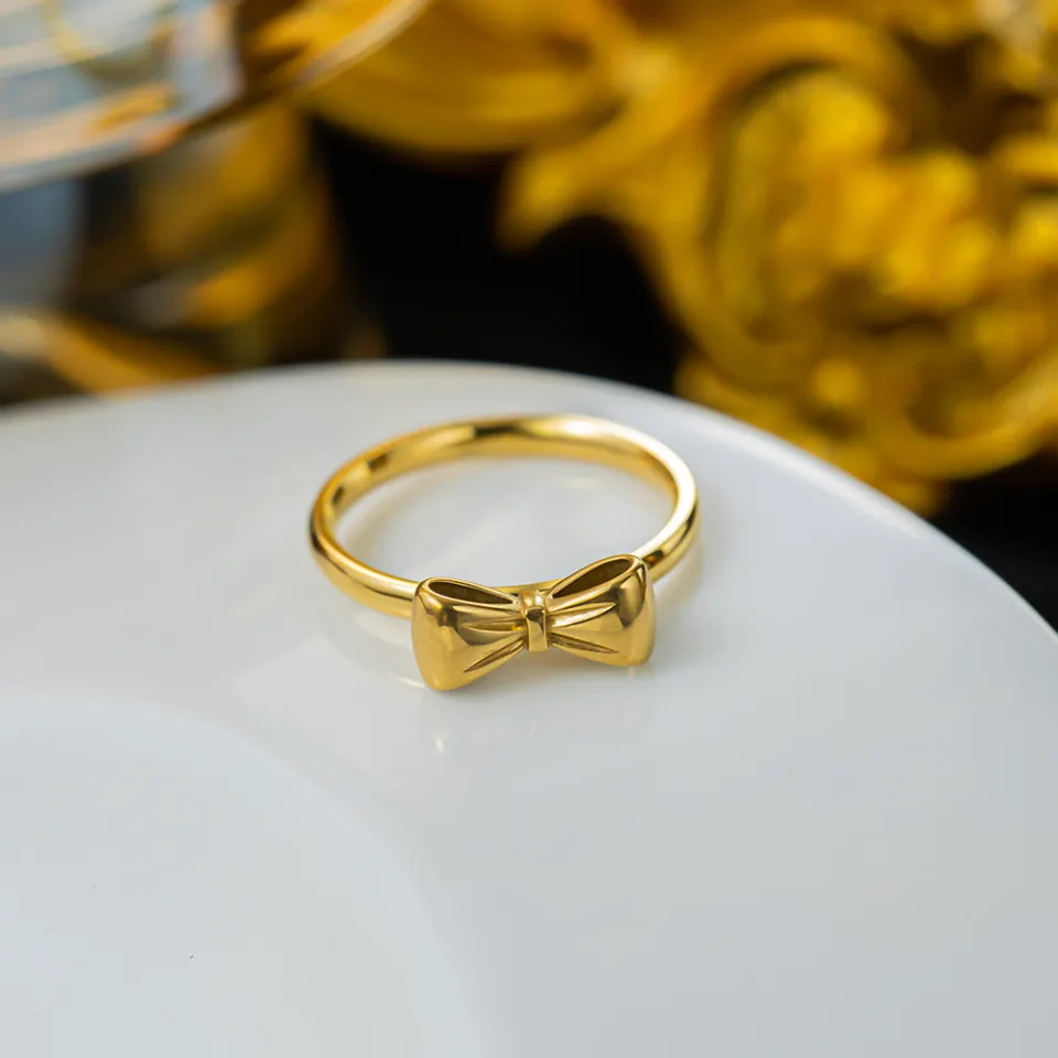 Ins Fashion Gold Plated Bow Knot Finger Ring No Fade Stainless Steel Bow  Ring For Women Gift