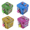 【support】 Cute Cartoon Square Tin Metal Piggy Bank Saving Cash Box Children Kids Birthday Gifts 4 Color With Lock/Key-MINETTE. 
