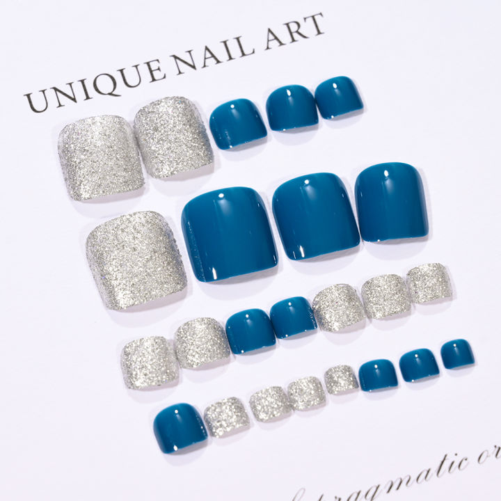 24Ps Glossy Blue Press on Toe Nails Artificial Acrylic Toenails Full Coverage Removable Wearable Toe Nail Art Finished Tips