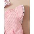 0-18 Months Baby Girl Floral Romper Dress Fly Sleeve Summer Ribbed Jumpsuit with Headband Newborn Baby Girl Lovely 2PCS Outfit. 