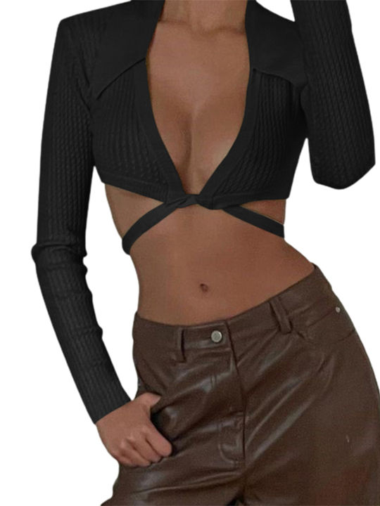 Women's%20Long%20Sleeve%20Crop%20Tops,%20Solid%20Color%20Knit%20Ribbed%20Deep%20V-Neck%20Cross%20Strappy%20Show%20Navel%20Knitwear%20-%20Image%208