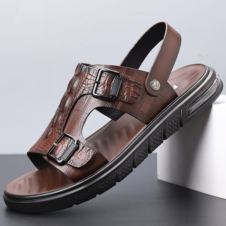 New men's summer sandals, men's cowhide beach shoes, casual men's shoes, crocodile print platform soles, dual-purpose breathable non-slip slippers