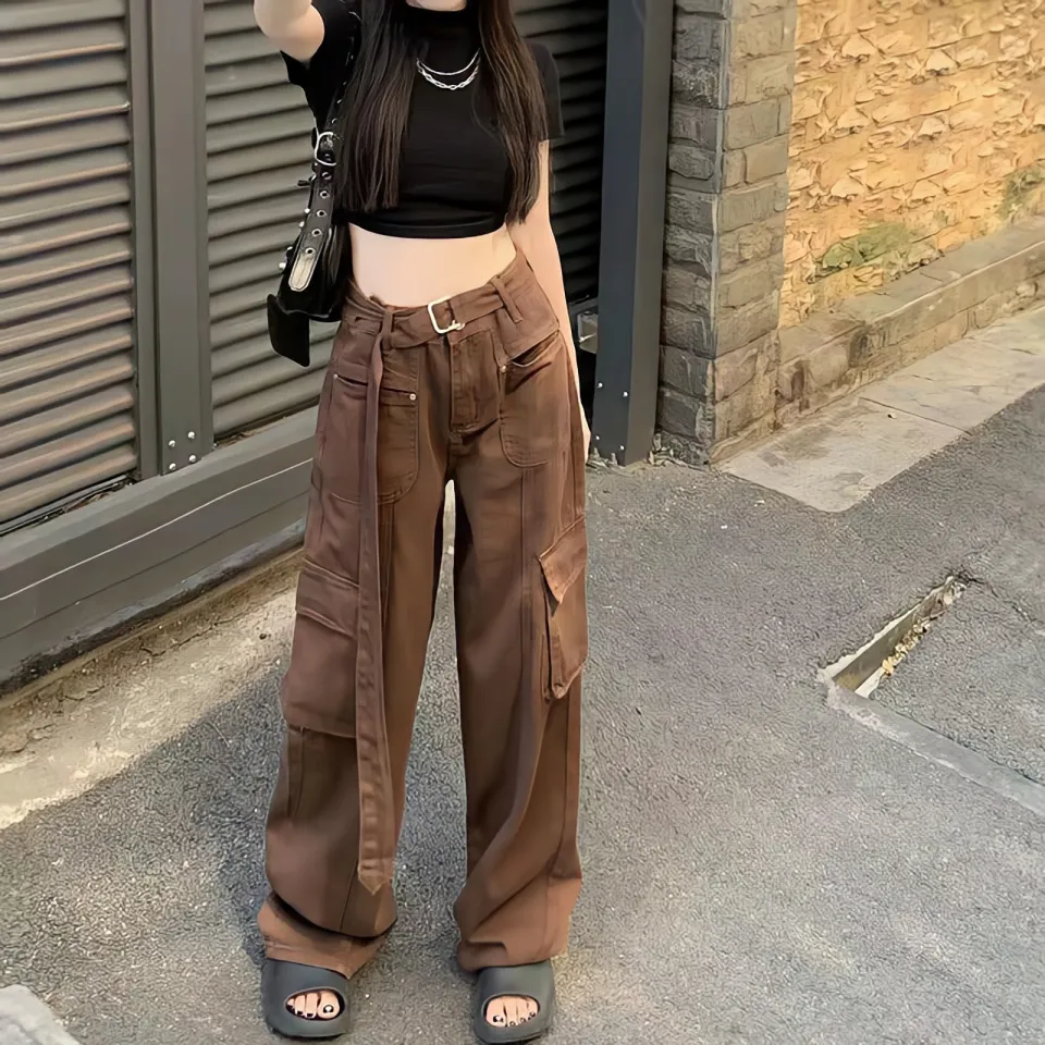 Green Cargo Pants Women New Baggy Jeans Oversize Pocket Chic