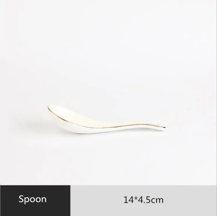 【Cathery Baby Store】Gilt Rim White Porcelain Dinner Plate Set Kitchen Plate Tableware Dishes Noodles Bowl Mug Cutlery Set 1p