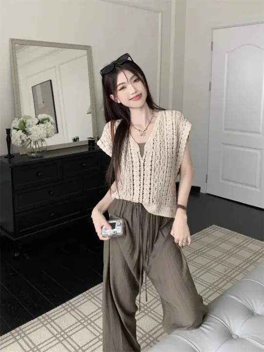 Three-Piece%20Women's%20Clothing%20Summer2023New%20Crocheted%20Hollow-out%20Knitted%20Vest%20Outer%20Wear%20Bandage%20Dress%20Vest%20Casual%20Wide-Leg%20Pants%20-%20Image%205