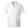 Men's Traditional Cuban Camp Collar Guayabera Shirt Short Sleeve Embroidered Mexican Caribbean Style Beach Shirt with 4 Pocket. 