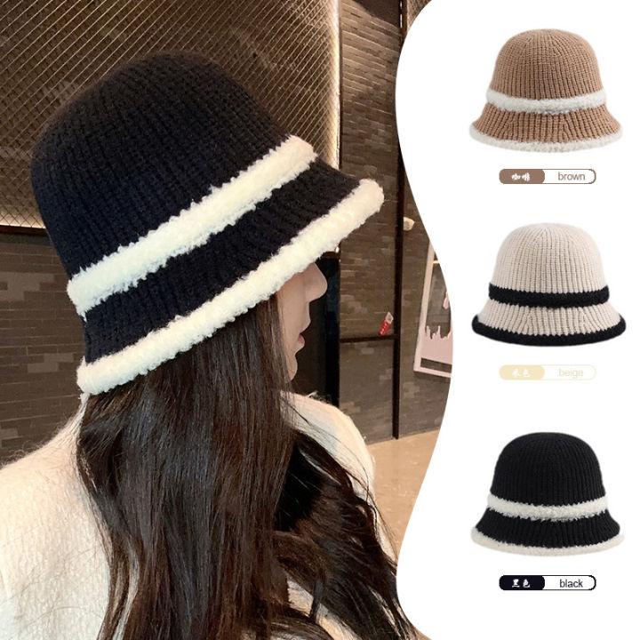 Plush Stitching Woolen Bucket Hat Women's Autumn and Winter Wild Warm Big Head Circumference Plain Face Small Bucket Hat Fashion