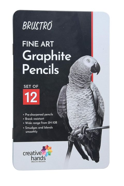 BRUSTRO Artists Fineart Graphite Pencil Set of 12 (10B-2H) with Elegant Tin Box