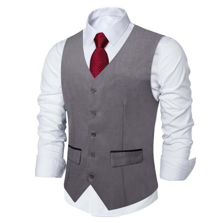 Fashion Gray Classic Waistcoat Sleeveless Slim Fit Men's Vest and Red  Necktie for Business Wedding Party V-neck Vests for Man