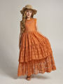 GC Girls Short Sleeve Lace Applique Dresses Casual Zipper Solid Color Long Skirts Summer Maxi Dress For Ceremony.