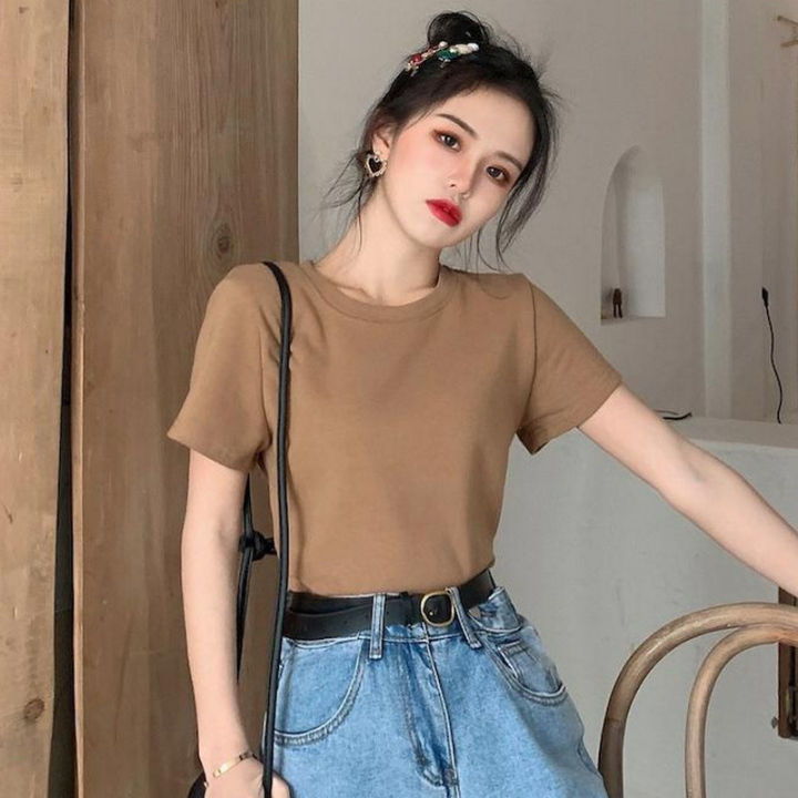 Girl Candy Color T Shirt Girls Short Slimming Top 2024 Korean Style Sweet Fresh All-Matching Bottoming Shirt for Women