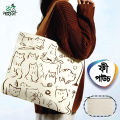 Trendy Top Handle Cute cat Design White Color Tote Canvas Bag Shopping Bag / College / University Bag, Tote Bag, Canvas Bag with Zipper and Free Pouch, pencil bag, cosmetic bag. 