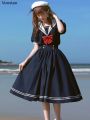Japanese Soft Sister Cute Lolita Dress Women Sweet Puff Sleeve Slim Student Dresses Party Retro Girls Bow Salior Collar Vestidos. 