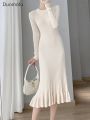 Duomofu Knitted White Dress Women Korean Fashion Ruffle Long Dresses Female Autumn Winter Elegant Long Sleeve Slim Sweater Dress.