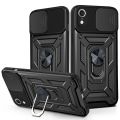 For iPhone XR Rugged Armor Protection Case with Slide Camera Cover Ring Holder Stand casing.