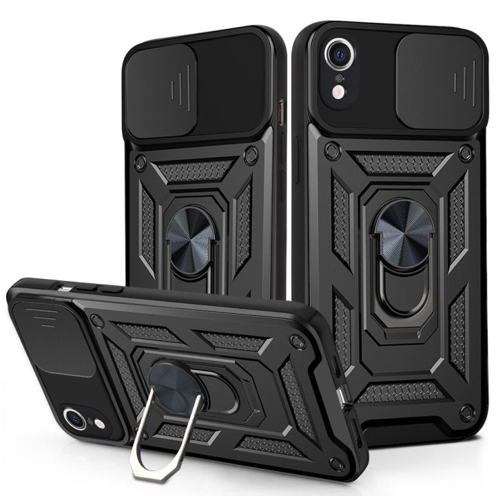 For iPhone XR Rugged Armor Protection Case with Slide Camera Cover Ring Holder Stand casing