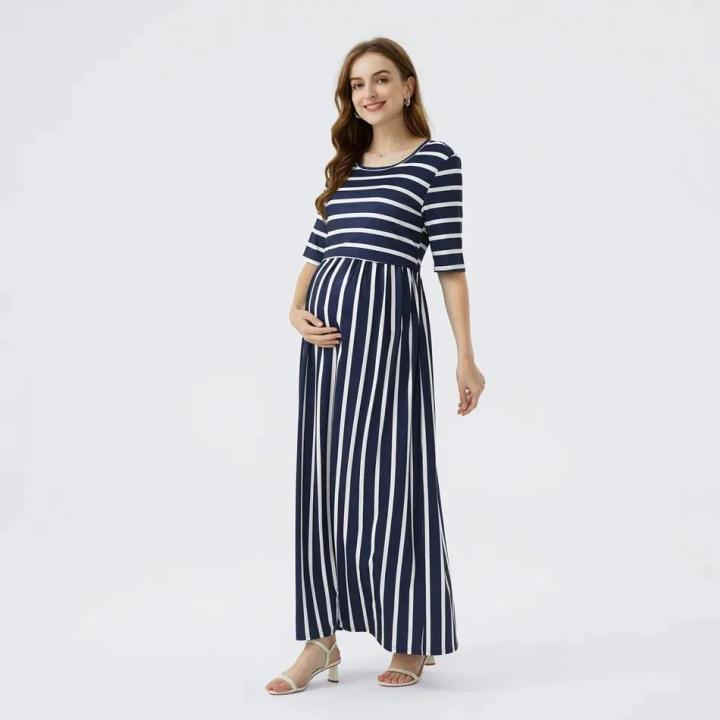 Pregnancy Clothes Spring and Summer New Fashion Maternity Wear Striped Round Neck Breast-feeding Dress Maternity Maxi Dress