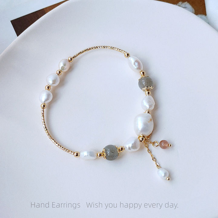 Bright Eyes Handmade Natural Freshwater Pearl Moonlight Stone Bracelet Korean Version Versatile and Elegant Handicraft for Women