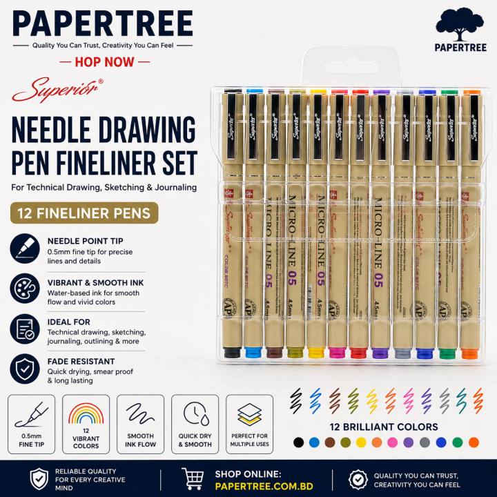 Superior Color Needle Drawing Pen Fineliner Set 12 Pcs for Technical Drawing, Sketching & Journaling