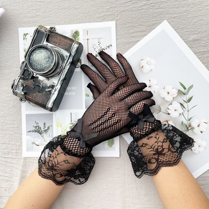1Pair Women Autumn Summer Short Tulle Flexible Mesh Lace Gloves for Wedding  Party Dress