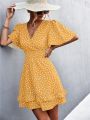 V Neck Mini Dress For Women Fashion Floral Slim Short Dresses Female Lotus Leaf Sleeve Elegant Dress Summer Vestido Mujer. 