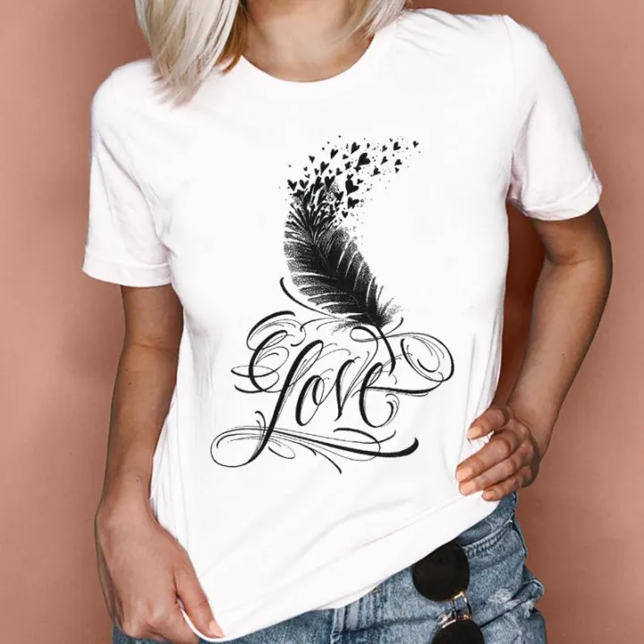 Women%20Graphic%20Feather%20Printing%20Fashion%2090s%20Cute%20Watercolor%20Short%20Sleeve%20Lady%20Clothes%20Tops%20Tees%20Print%20Female%20Tshirt%20T-Shirt%20-%20Image%202