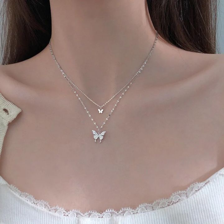 Korean Shiny Double Layer Butterfly Necklace for Women, Rhinestone Clavicle Chain, Elegant Wedding Jewelry