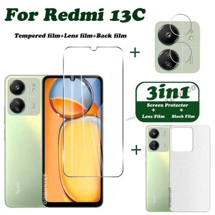 3in1 Combo Pack For Xiaomi Redmi 13C/13C 5G/13R/Poco C65 [OG Tempered Glass+Back Hydrogel Poly+Camera Lens Film]