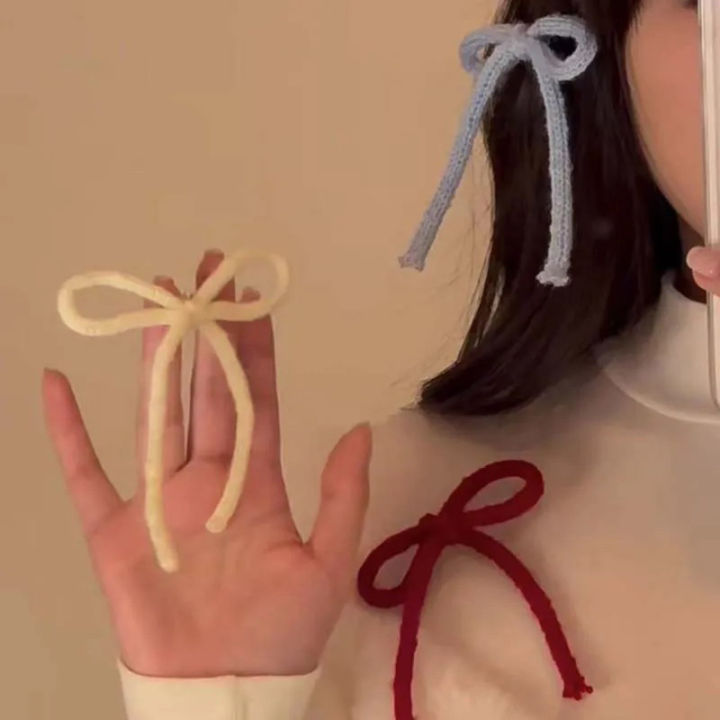 Korean Sweet Knitted Ribbon Bowknot Hair Clip For Women Girls