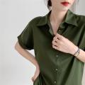 Shirt Women's Summer Satin2023New Interview Formal Wear Shirt Green Retro Hong Kong Style Drape Top. 