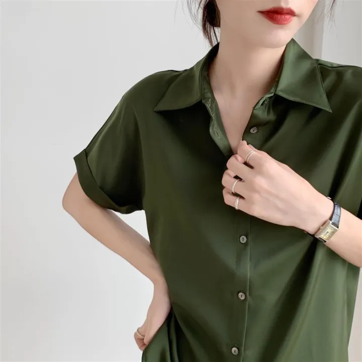 Shirt%20Women's%20Summer%20Satin2023New%20Interview%20Formal%20Wear%20Shirt%20Green%20Retro%20Hong%20Kong%20Style%20Drape%20Top%20-%20Image%203