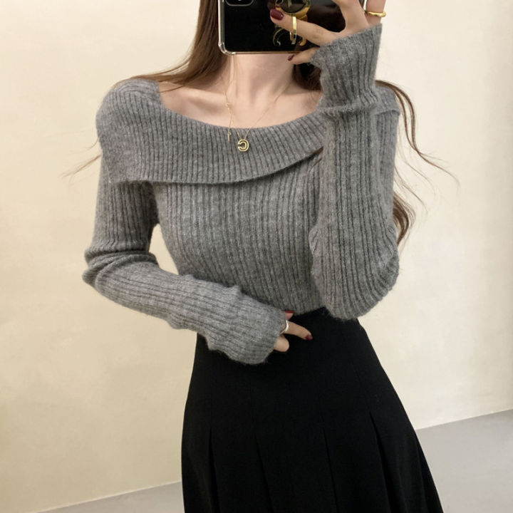 Design Sense Niche Thickened off-Shoulder Bottoming Shirt Women's Autumn and Winter High-Grade off-Shoulder Sweater Inner Sweater Top