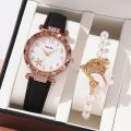Gorgeous Women's Quartz Watch & Bracelet Set - Unique Diamond Starry Sky Dial Watches for Girls Luxury Stylish Wristwatch.