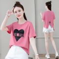 Hong Kong Style Retro Crew Neck Back Slit Love Short Sleeve T Women's Summer T-shirt chic Figure Flattering Back Split Top Fashion. 