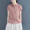 Leak Picking~Foreign Trade Cut-off Short-Sleeved Shirt for Women Summer Lapels Design Sense Loose Flying Sleeve Cotton Linen Shirt. 