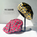 Red plaid berets, female Internet celebrities, the same trendy and cool round face, suitable for showing face, small octagonal bud hats, ins cloud hats.