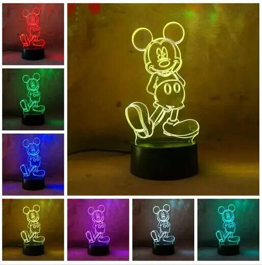 【Hey my home】Free shipping Cute Cartoon Mickey Mouse 3D Night Light LED Color Illusion Table Christmas Gift Child Kid