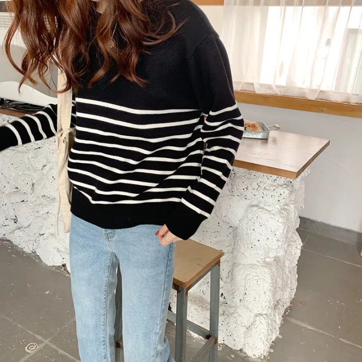 Fashion%20Slimming%20round%20Neck%20Sweater%20Women's%20Black%20and%20White%20Striped%20Loose%20Korean%20Style%20Outer%20Wear%20Autumn%20and%20Winter%20All-Matching%20Base%20Sweater%20-%20Image%206