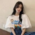 IELGY Korean style white cartoon print short sleeve t-shirt women loose. 