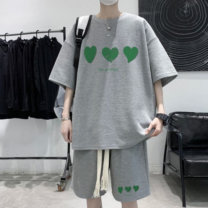 Privathinker%20Summer%20Men's%20Graphic%20Suit%20Waffle%20T-shirt%20Short%20Sleeve%20Korean%20Two%20Piece%20Set%20Oversized%20Fashion%20Shorts%20Male%20Streetwear%20-%20Image%203