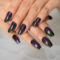 Short Midi Coffin Nails Chrome Mirror Nails Set Metallic Press On Nails Medium Length Bead Luster Shiny Rainbow Nail Tips. 