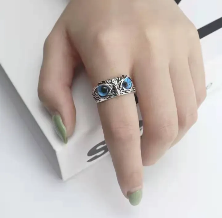 Blue%20Demon%20Eyes%20Owl/Ullu%20Bird%20Face%20Design%20Thumb%20Finger%20Ring%20Stainless%20Steel%20Silver%20Plated%20Ring%20-%20Image%204